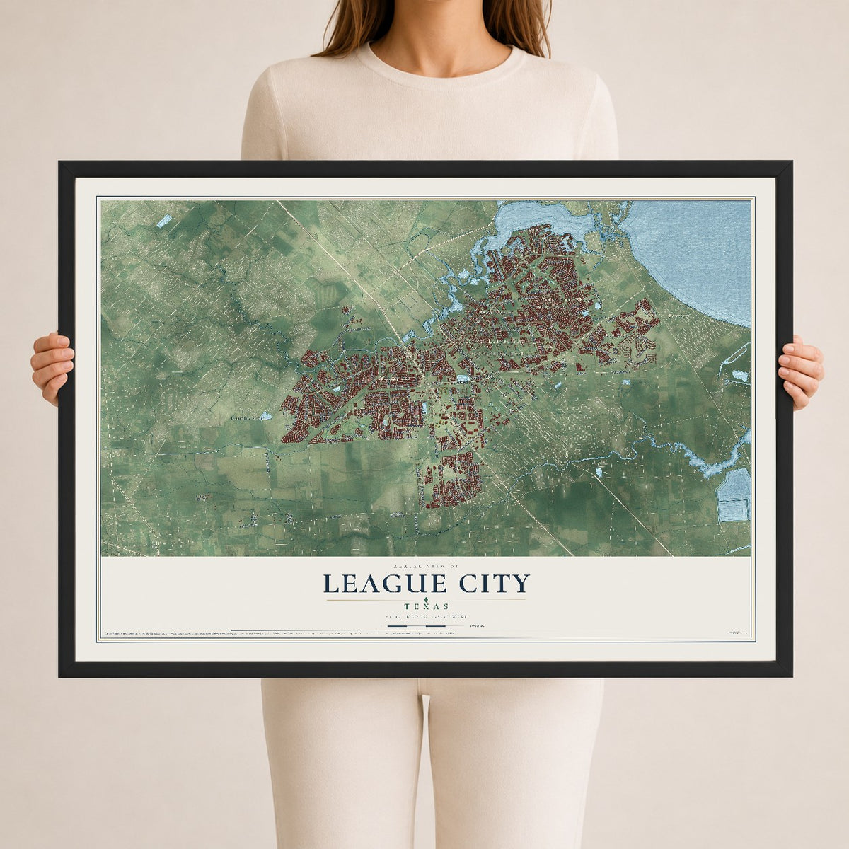 Map of League City, Texas, 24 x 36 inch print in a black wood frame