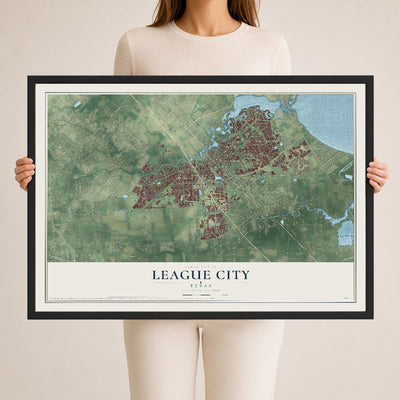 Map of League City, Texas, 24 x 36 inch print in a black wood frame
