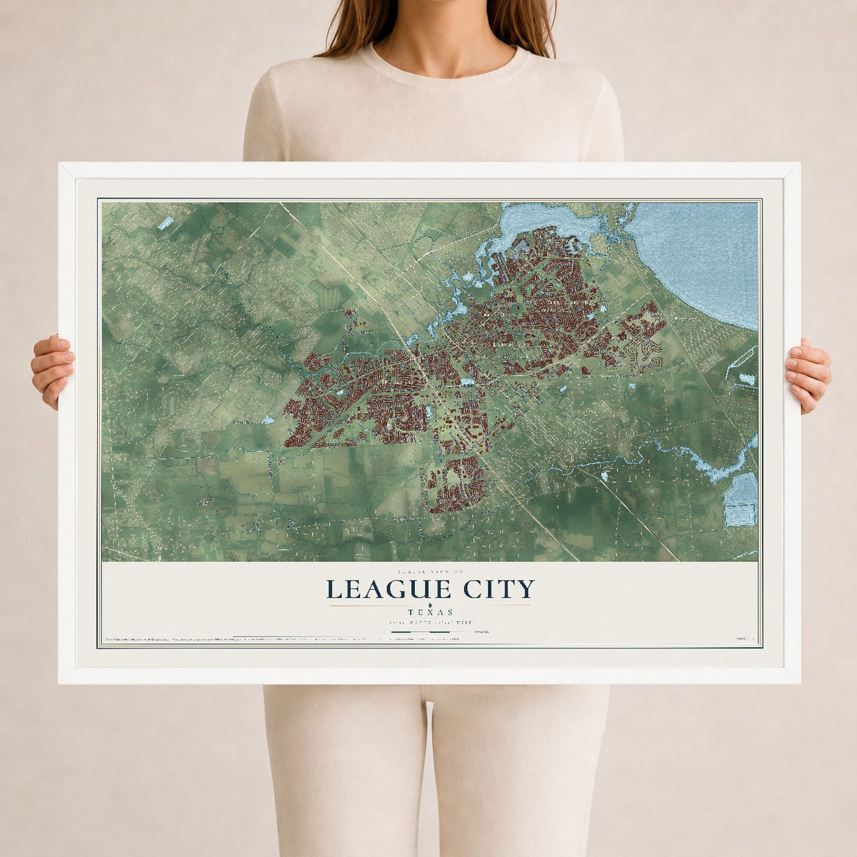 Map of League City, Texas, 24 x 36 inch print in a white wood frame