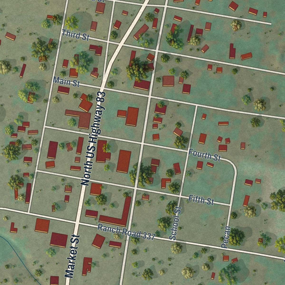Close-up of the map of Leakey, Texas print showing street and building detail