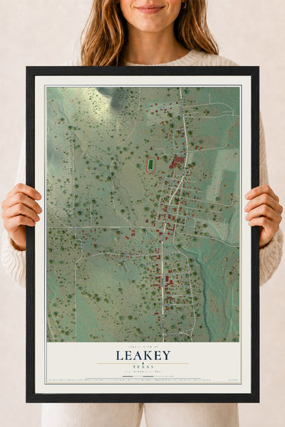 Map of Leakey, Texas, 18 x 24 inch print in a black wood frame
