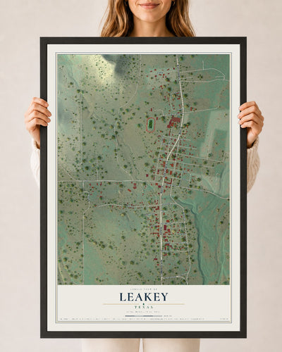 Map of Leakey, Texas, 24 x 36 inch print in a black wood frame