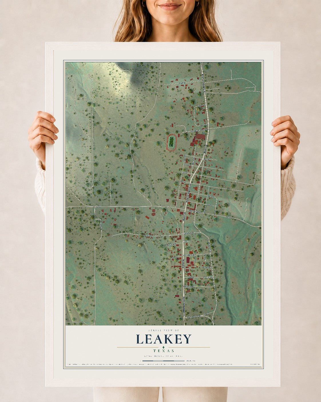 Map of Leakey, Texas, 24 x 36 inch print in a white wood frame