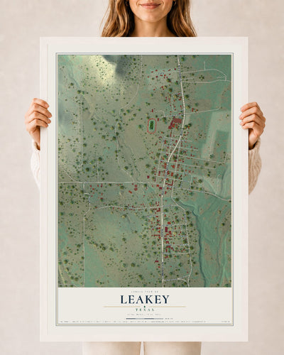 Map of Leakey, Texas, 24 x 36 inch print in a white wood frame