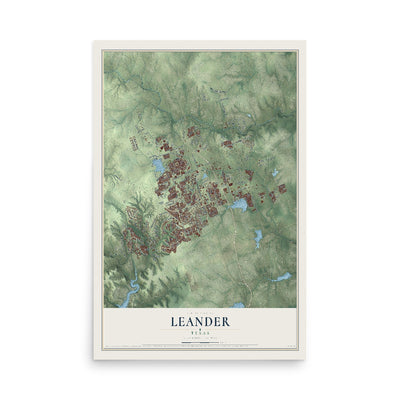 Map of Leander, Texas, 12 x 18 inch unframed archival matte print