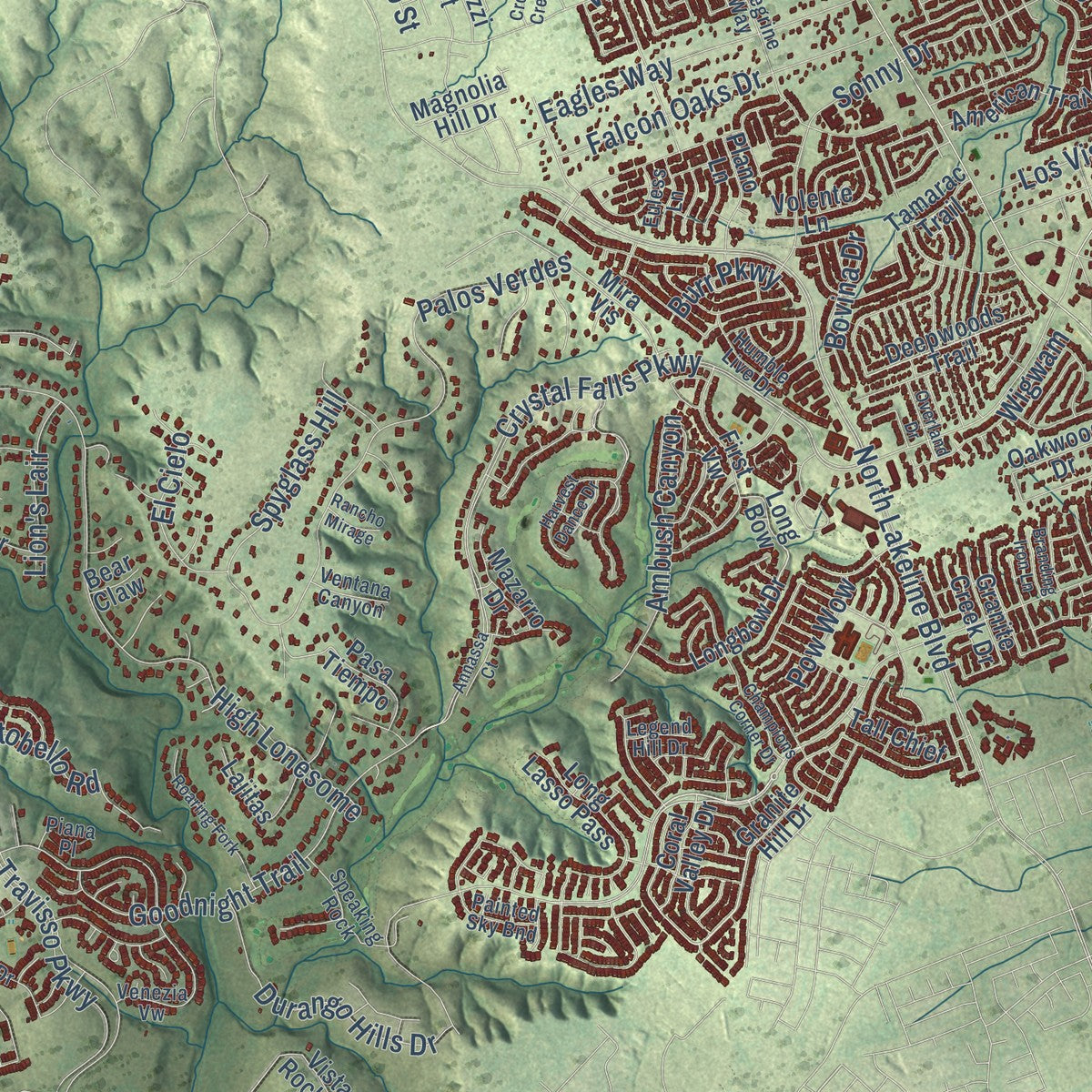 Close-up of the map of Leander, Texas print showing street and building detail