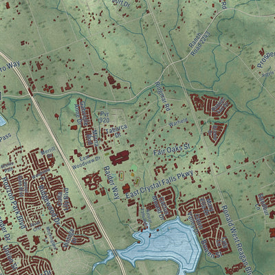 Second close-up of the map of Leander, Texas print showing more streets and buildings