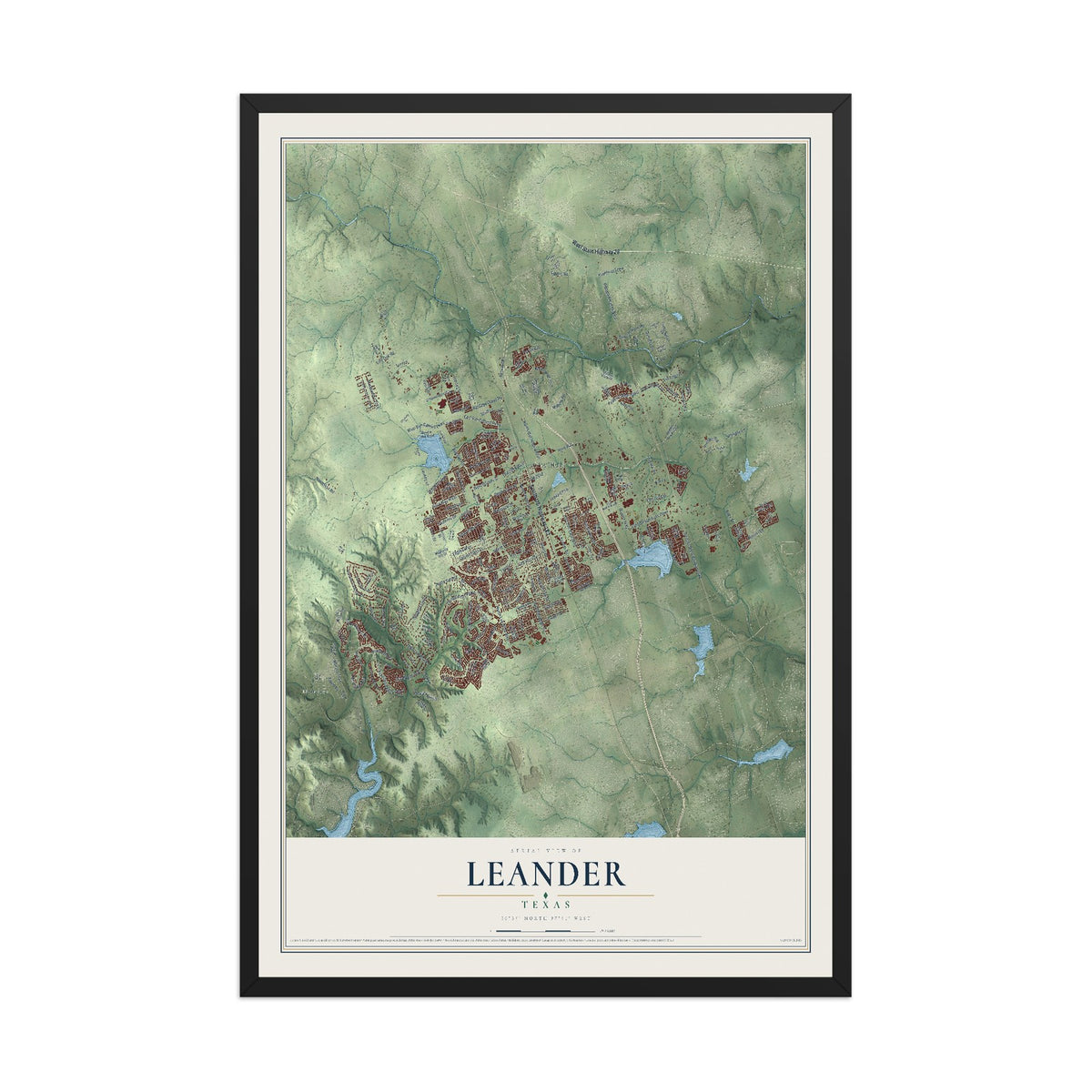 Map of Leander, Texas, 12 x 18 inch print in a black wood frame