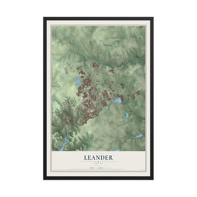 Map of Leander, Texas, 12 x 18 inch print in a black wood frame