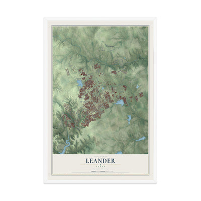 Map of Leander, Texas, 12 x 18 inch print in a white wood frame