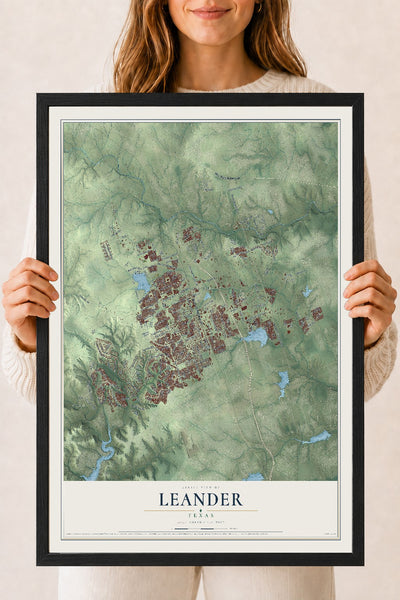 Map of Leander, Texas, 18 x 24 inch print in a black wood frame