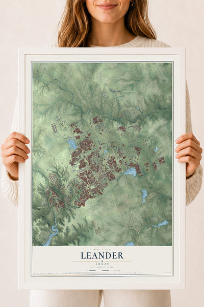 Map of Leander, Texas, 18 x 24 inch print in a white wood frame