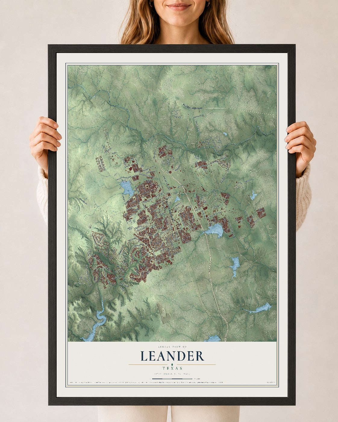 Map of Leander, Texas, 24 x 36 inch print in a black wood frame