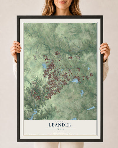 Map of Leander, Texas, 24 x 36 inch print in a black wood frame