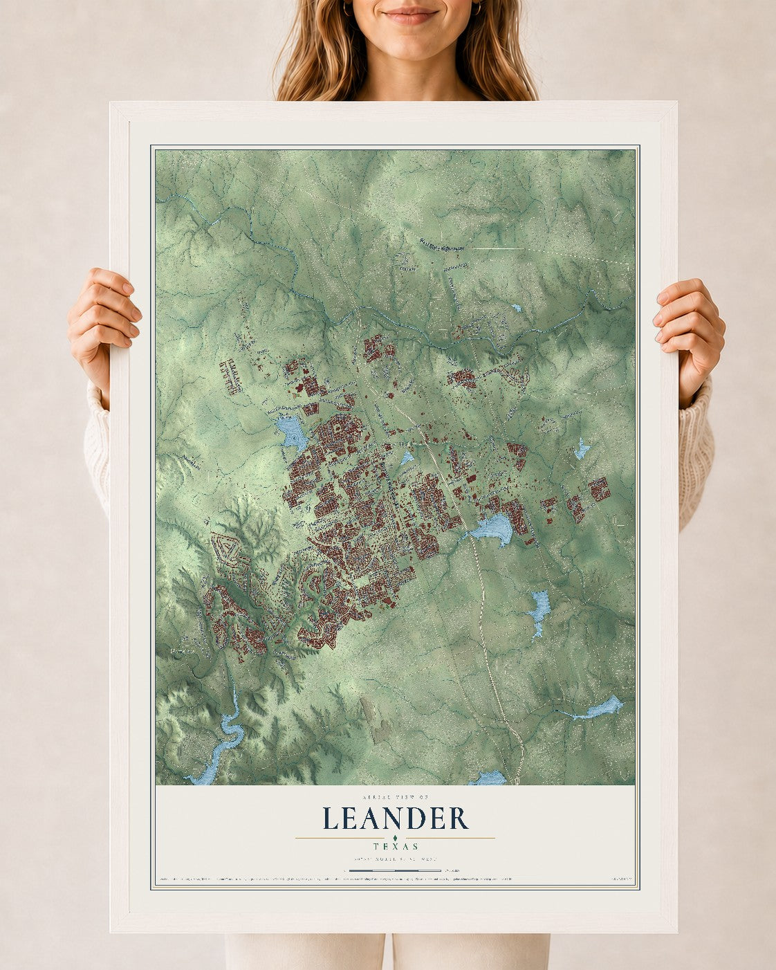 Map of Leander, Texas, 24 x 36 inch print in a white wood frame