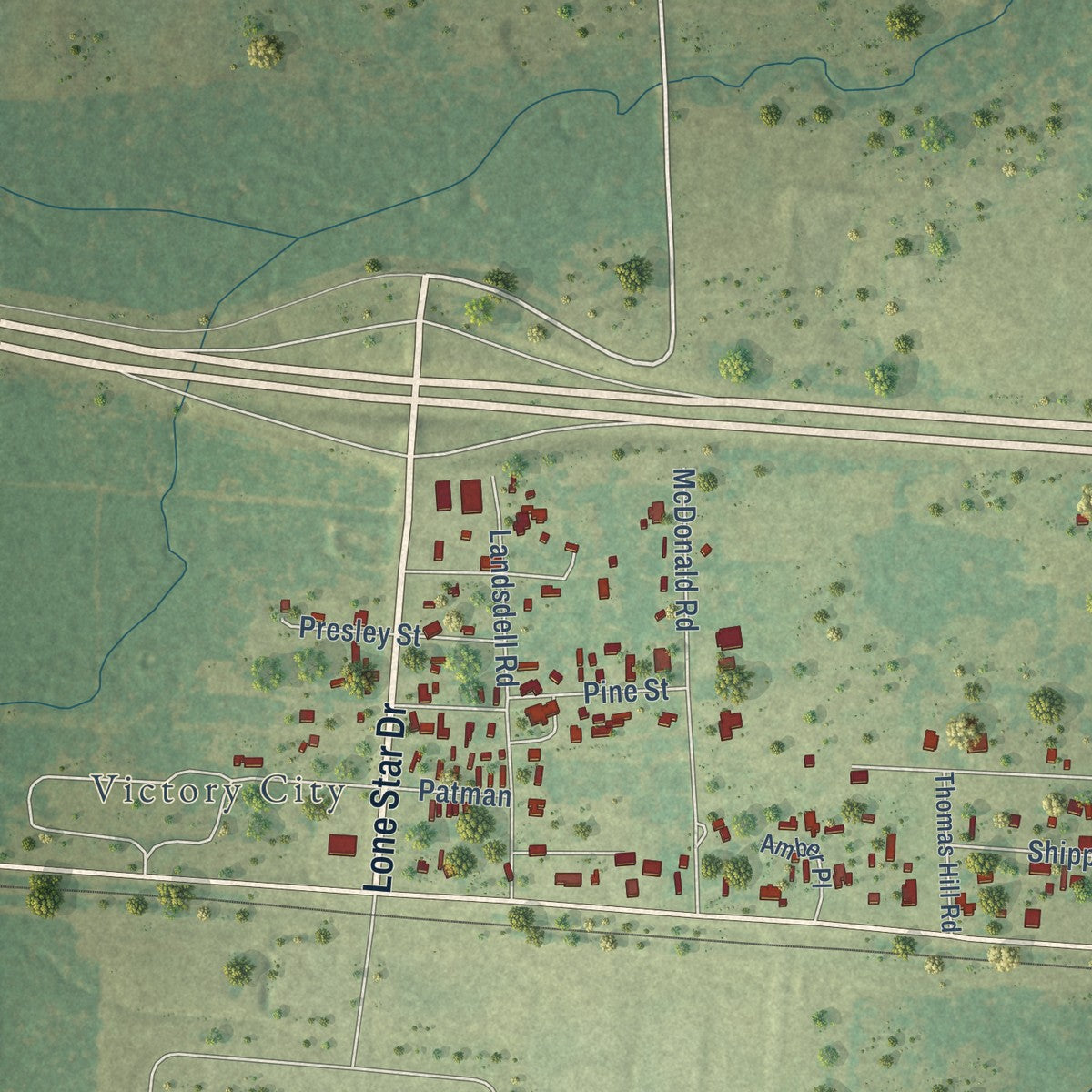 Close-up of the map of Leary, Texas print showing street and building detail