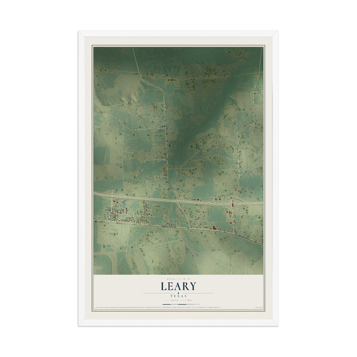 Map of Leary, Texas, 12 x 18 inch print in a white wood frame