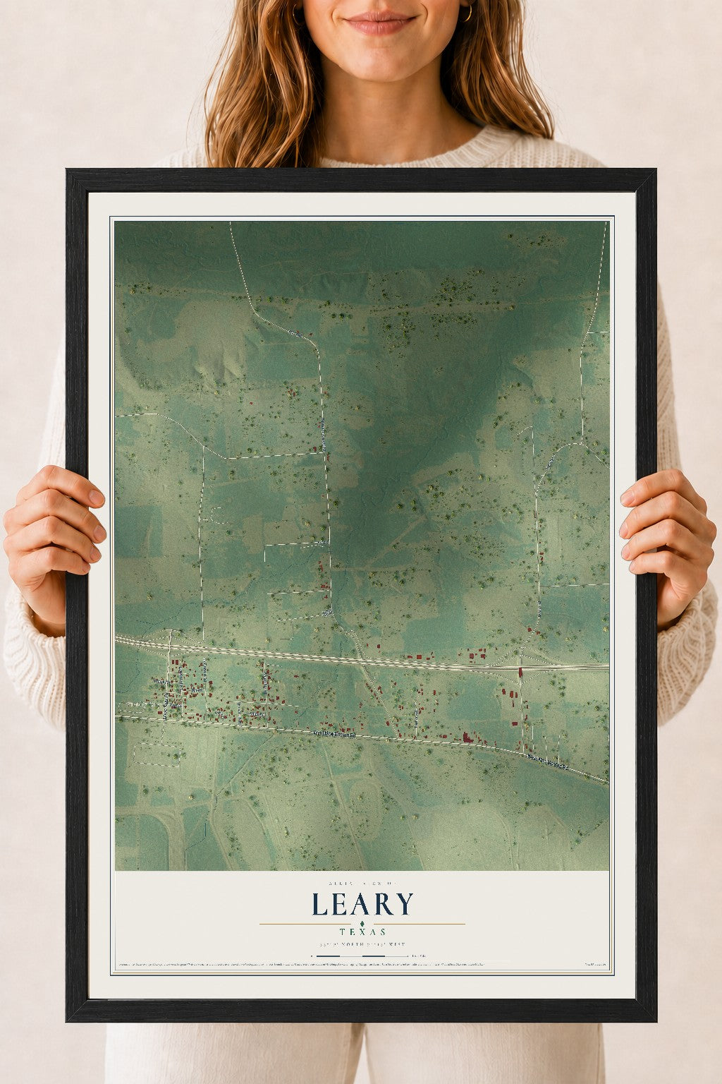 Map of Leary, Texas, 18 x 24 inch print in a black wood frame