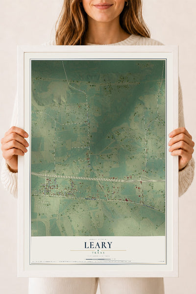 Map of Leary, Texas, 18 x 24 inch print in a white wood frame