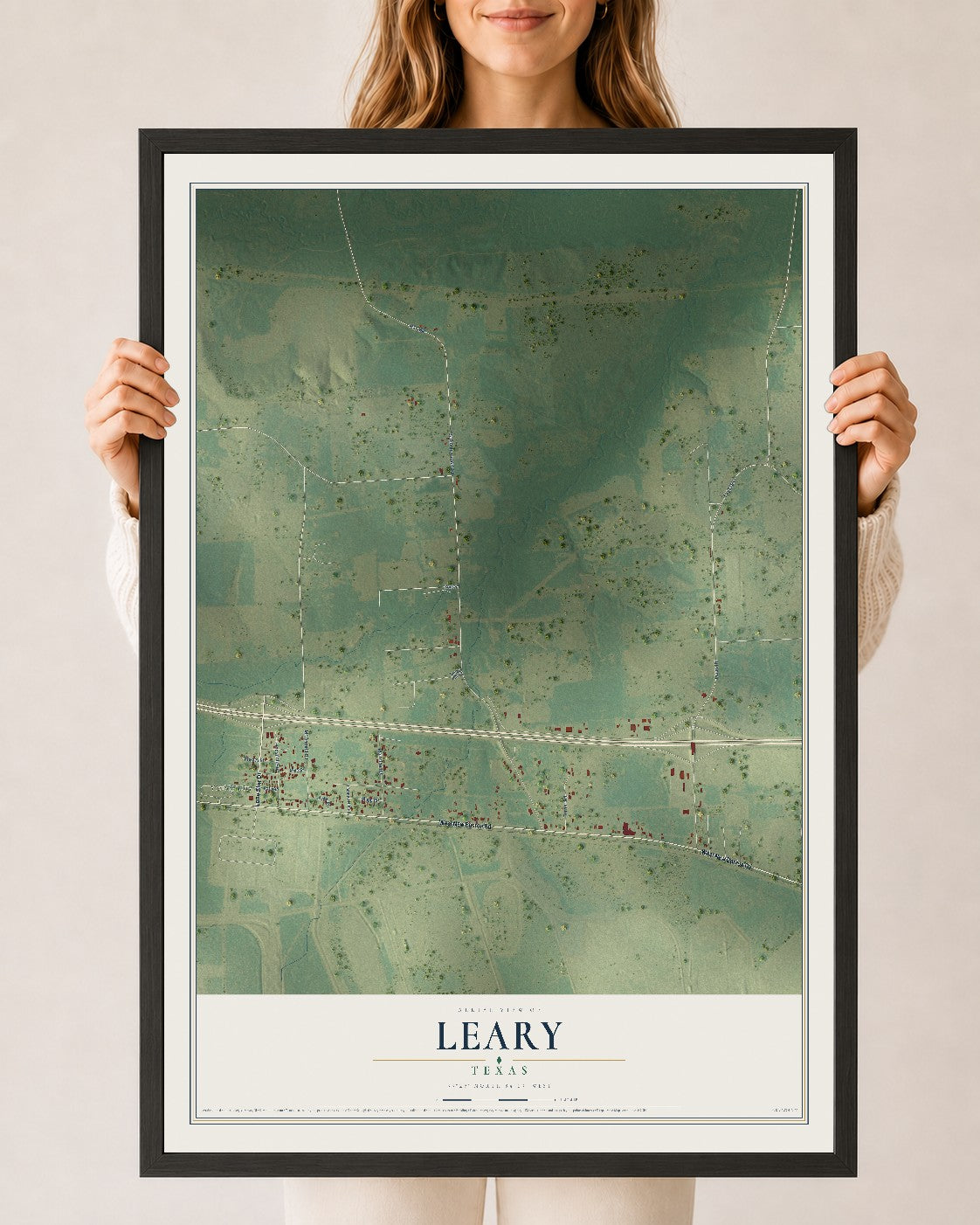 Map of Leary, Texas, 24 x 36 inch print in a black wood frame
