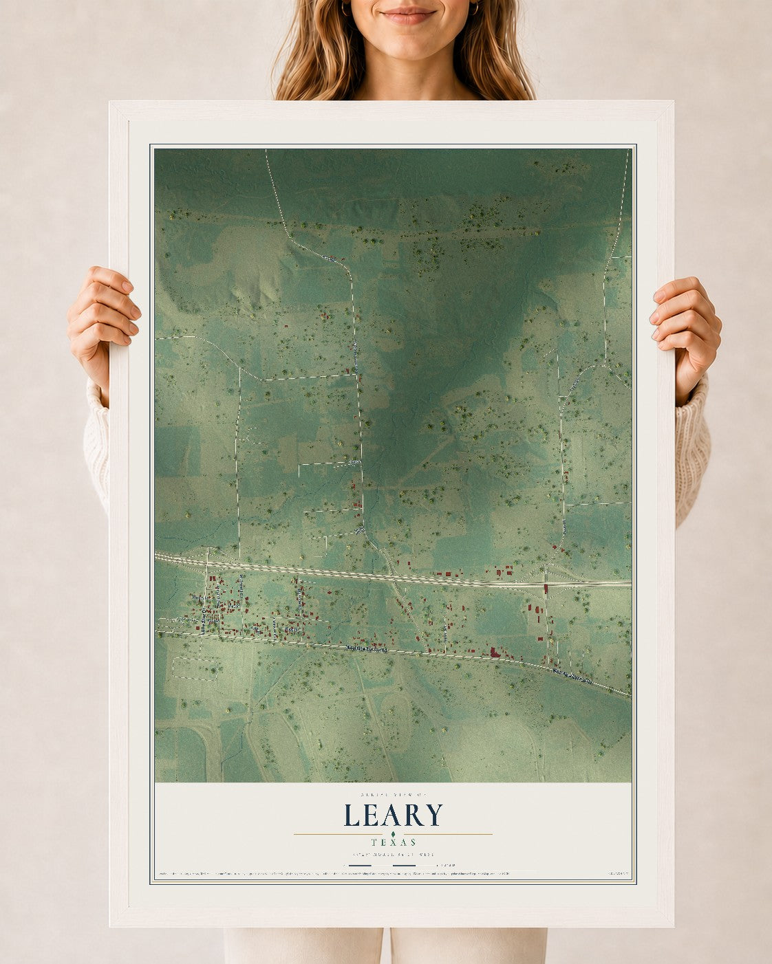 Map of Leary, Texas, 24 x 36 inch print in a white wood frame