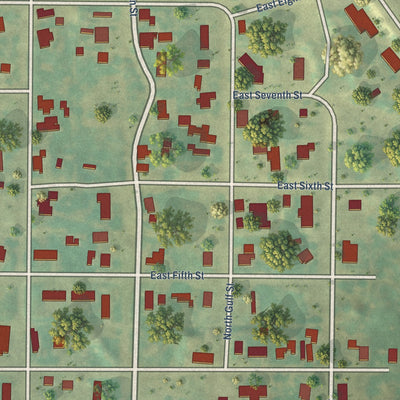 Close-up of the map of Lefors, Texas print showing street and building detail