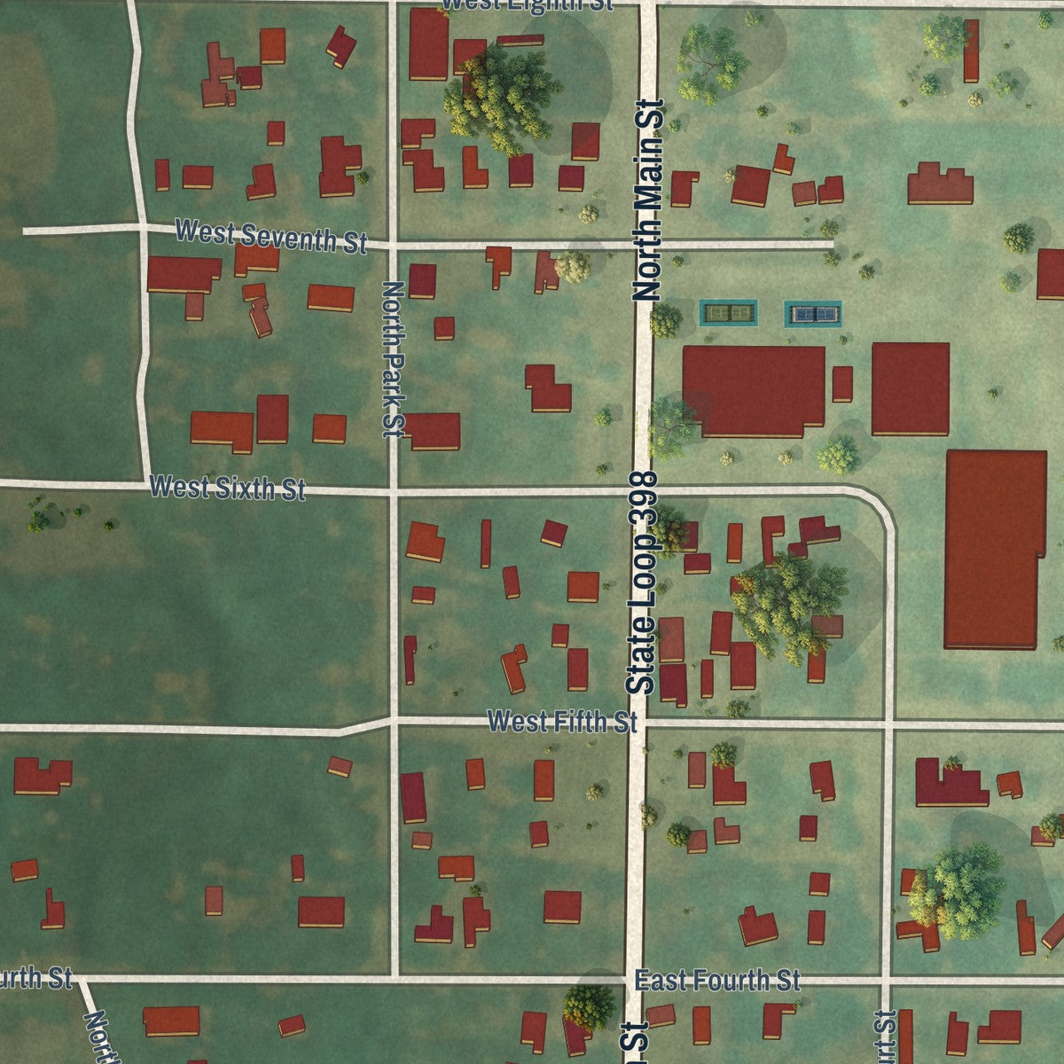 Second close-up of the map of Lefors, Texas print showing more streets and buildings