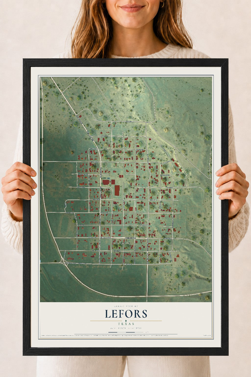 Map of Lefors, Texas, 18 x 24 inch print in a black wood frame