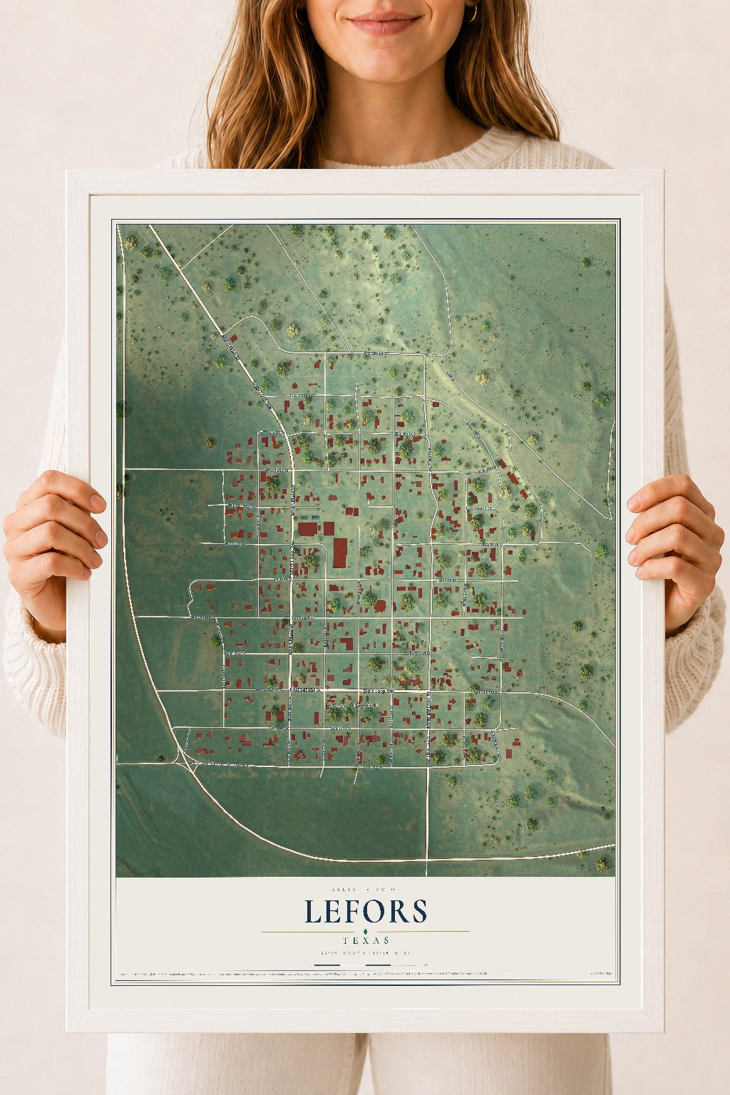 Map of Lefors, Texas, 18 x 24 inch print in a white wood frame