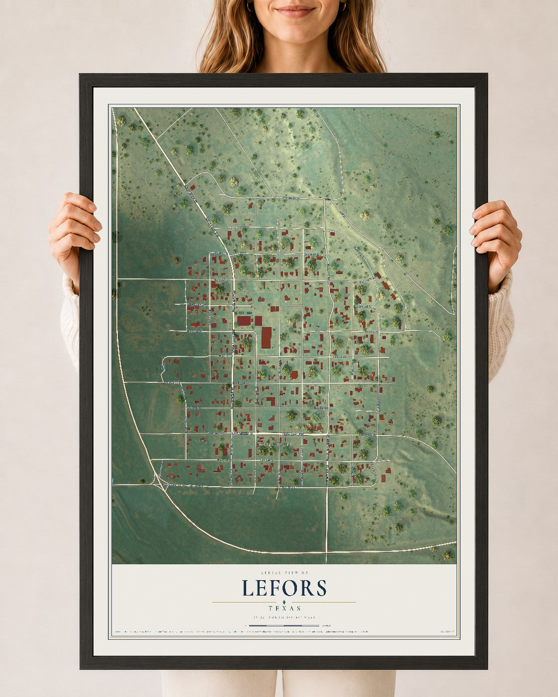 Map of Lefors, Texas, 24 x 36 inch print in a black wood frame