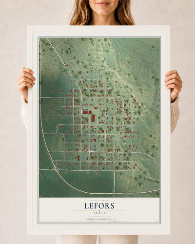 Map of Lefors, Texas, 24 x 36 inch print in a white wood frame