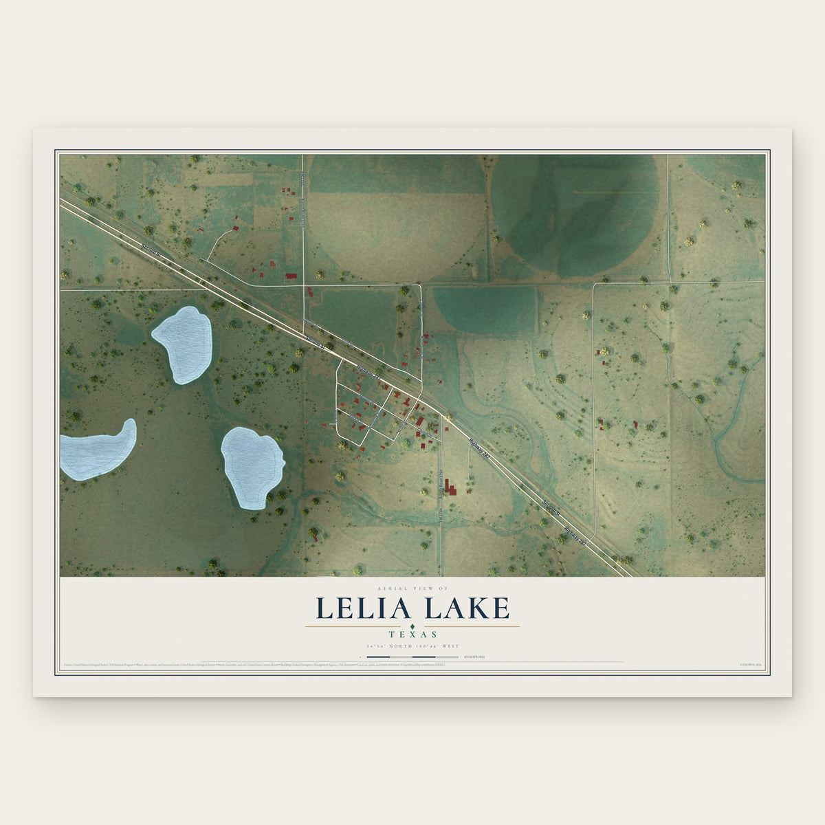 Lelia Lake, Texas map print, the full design
