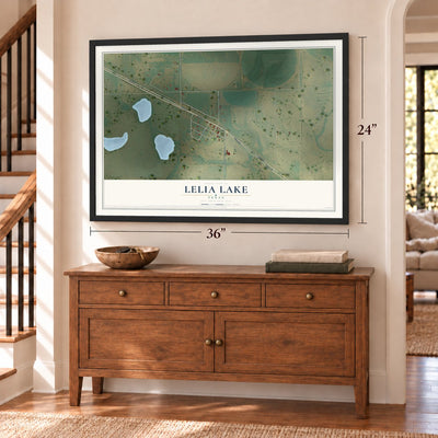 Lelia Lake, Texas map, 24 x 36 inch print in a black frame above a dresser by a staircase