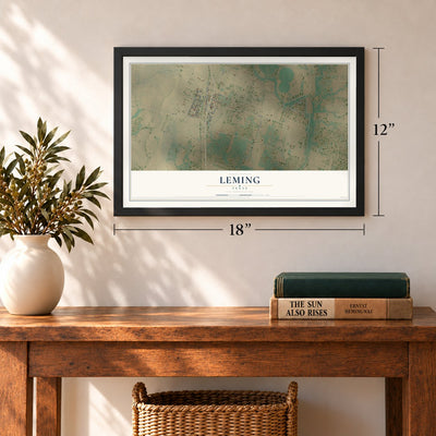 Leming, Texas map, 12 x 18 inch print in a black frame in an entryway