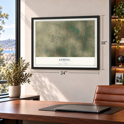 Leming, Texas map, 18 x 24 inch print in a black frame in a home office
