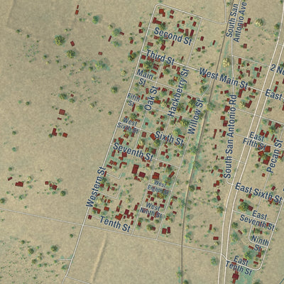 Close-up of the map of Leming, Texas print showing street and building detail