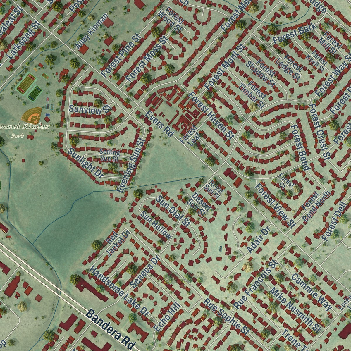 Close-up of the map of Leon Valley, Texas print showing street and building detail