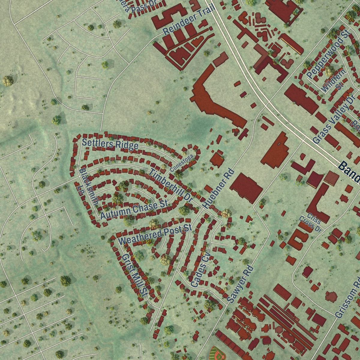 Second close-up of the map of Leon Valley, Texas print showing more streets and buildings