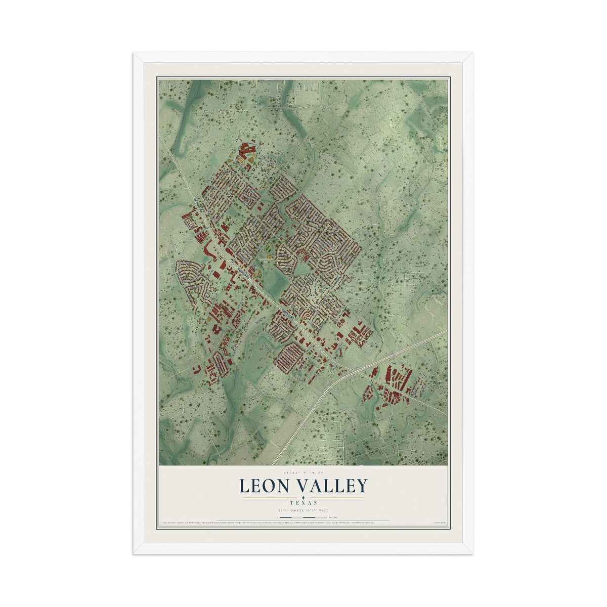 Map of Leon Valley, Texas, 12 x 18 inch print in a white wood frame