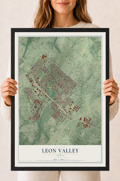 Map of Leon Valley, Texas, 18 x 24 inch print in a black wood frame