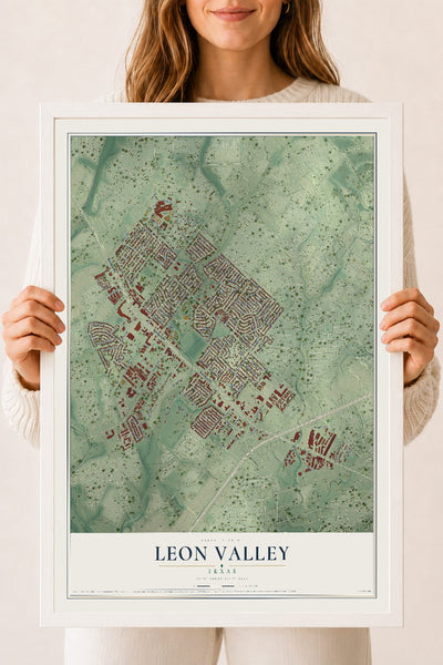 Map of Leon Valley, Texas, 18 x 24 inch print in a white wood frame