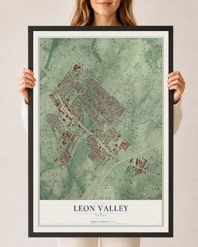 Map of Leon Valley, Texas, 24 x 36 inch print in a black wood frame