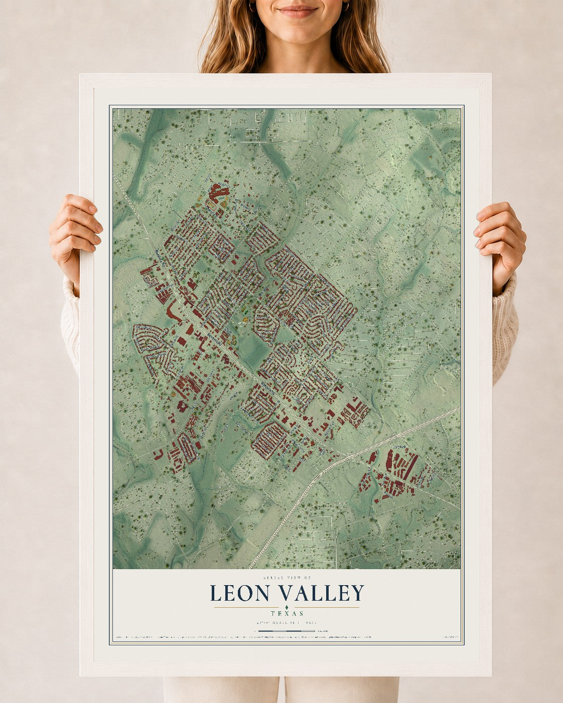 Map of Leon Valley, Texas, 24 x 36 inch print in a white wood frame