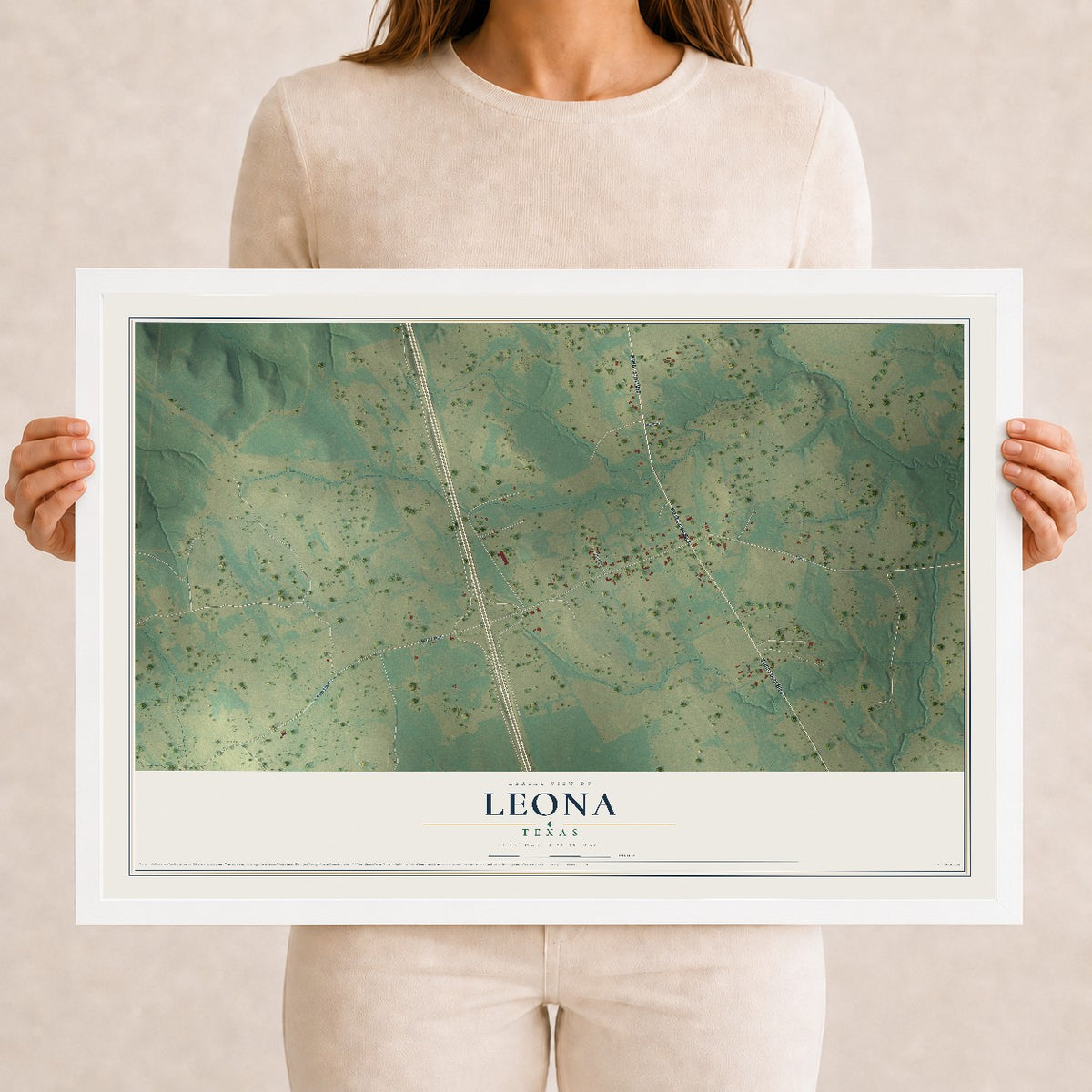 Map of Leona, Texas, 12 x 18 inch print in a white wood frame