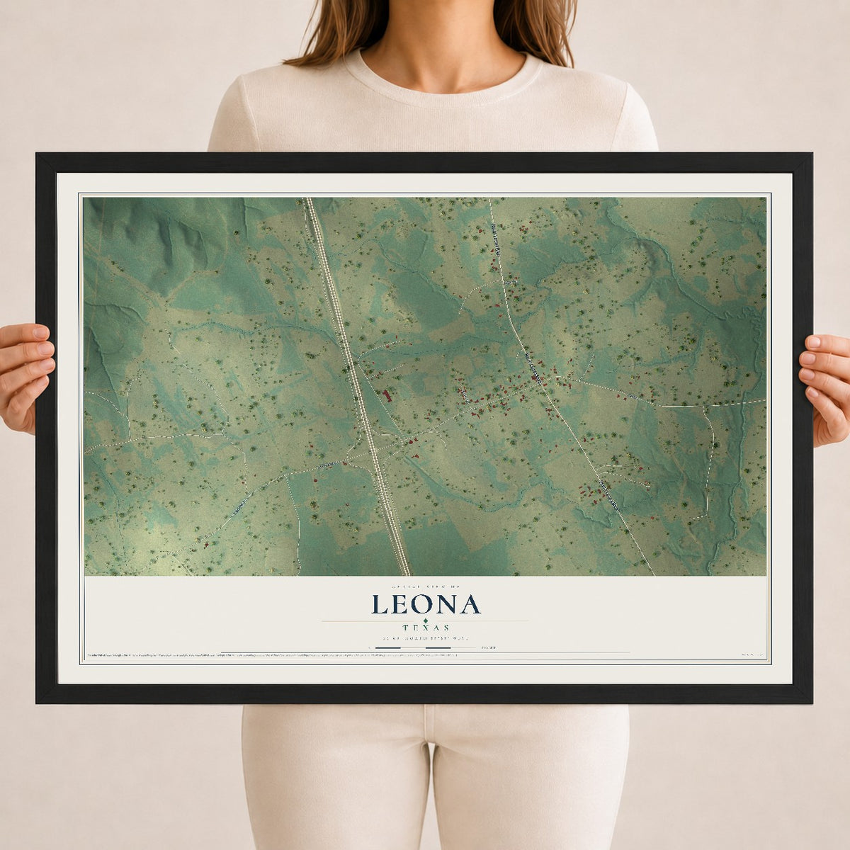 Map of Leona, Texas, 18 x 24 inch print in a black wood frame