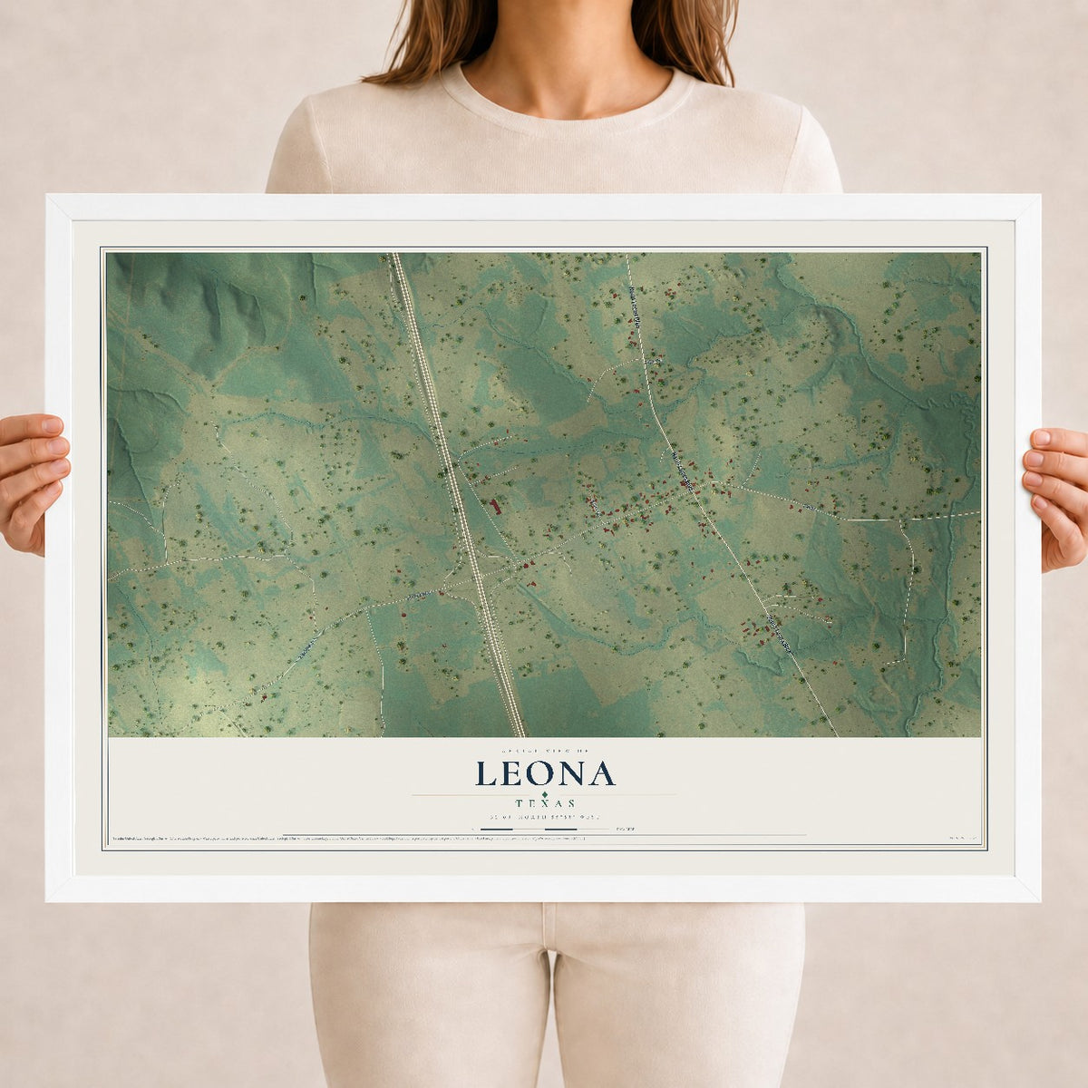 Map of Leona, Texas, 18 x 24 inch print in a white wood frame