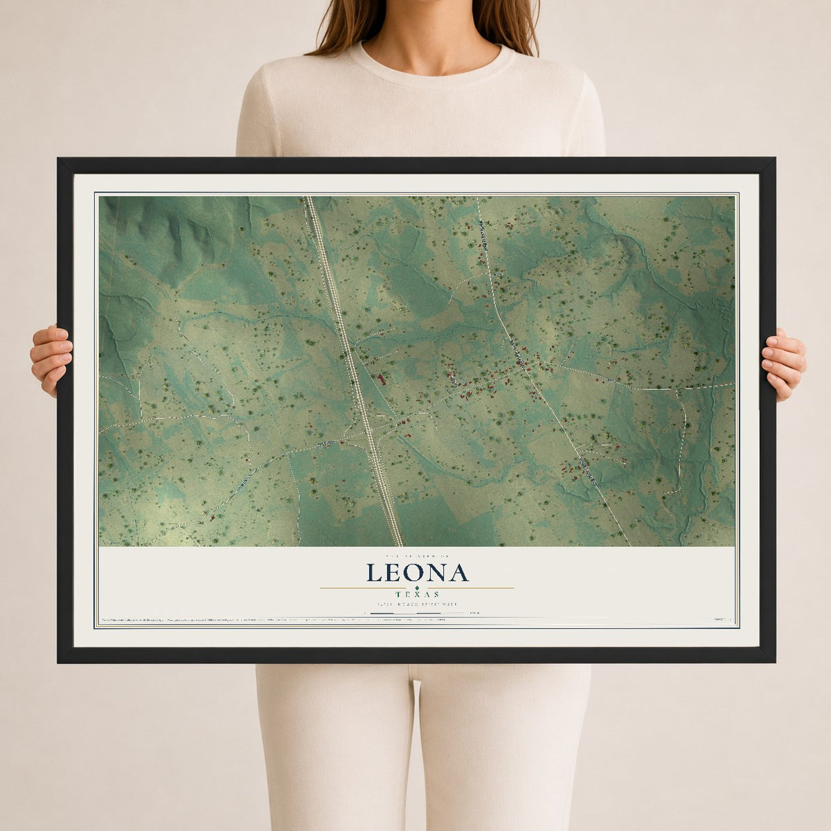 Map of Leona, Texas, 24 x 36 inch print in a black wood frame
