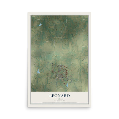 Map of Leonard, Texas, 12 x 18 inch unframed archival matte print