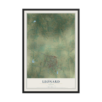 Map of Leonard, Texas, 12 x 18 inch print in a black wood frame
