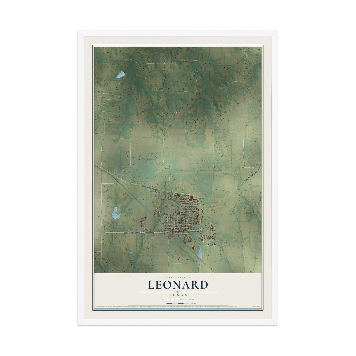 Map of Leonard, Texas, 12 x 18 inch print in a white wood frame